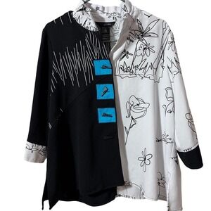 Ali Miles Womens Black White Line Art Abstract Button Up Blouse L Petite Artsy